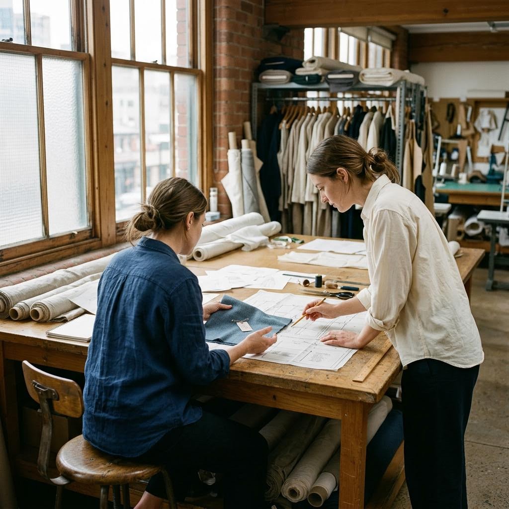 Two colleagues review a pattern and fabric together at a long cutting table.