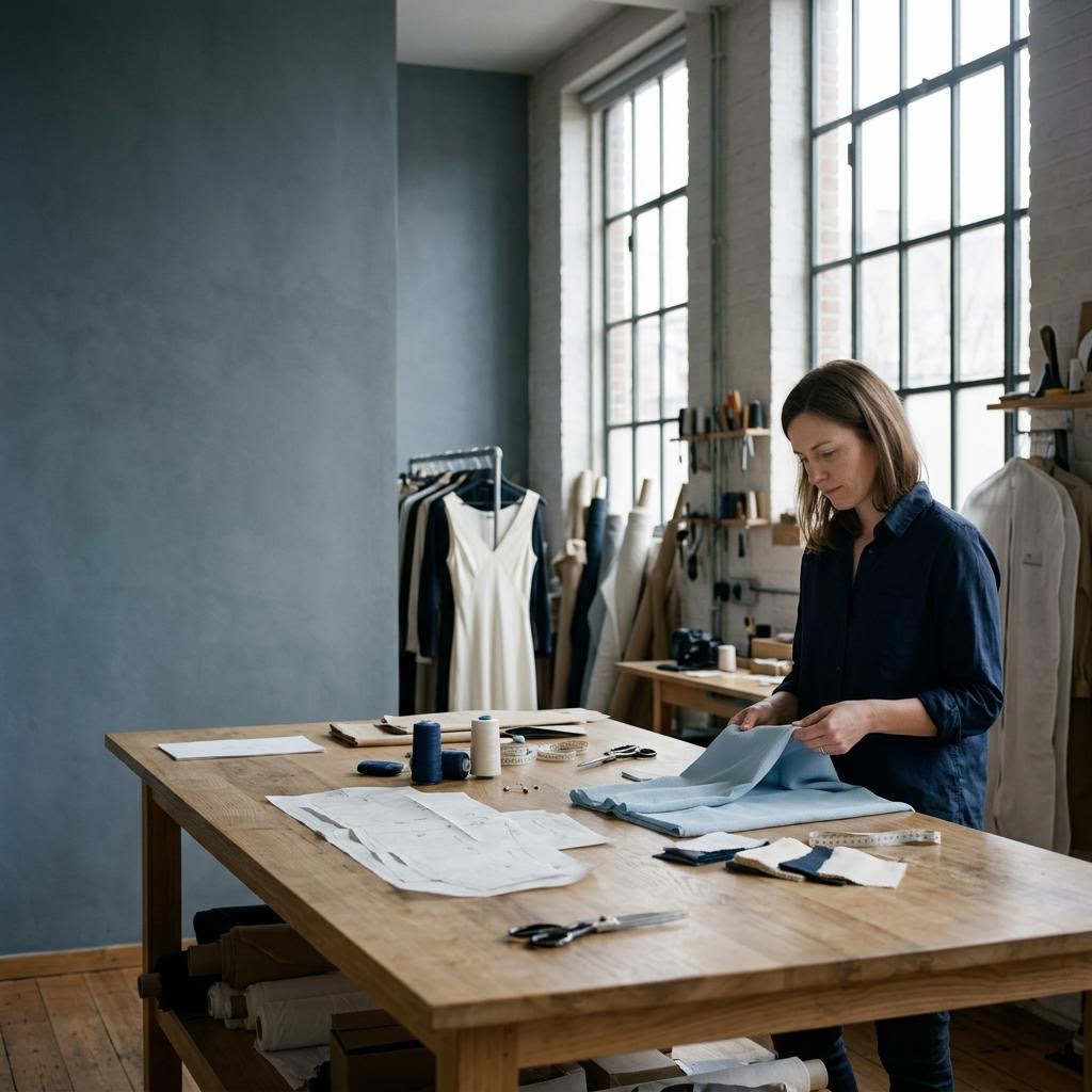A product developer folds a length of pale blue fabric at an atelier table covered in patterns and swatches.